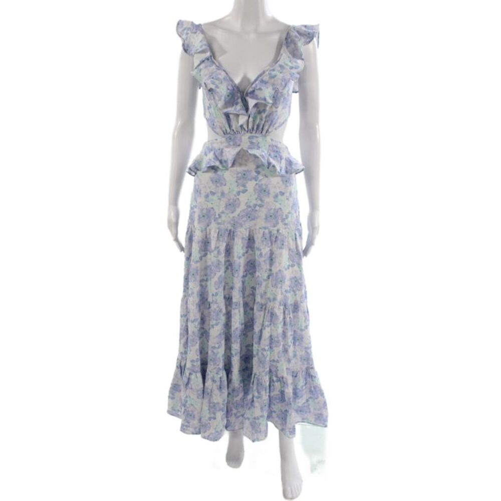Mable Womens Maxi Dress Blue Floral V-Neck Sleeveless Tie Rayon Size S